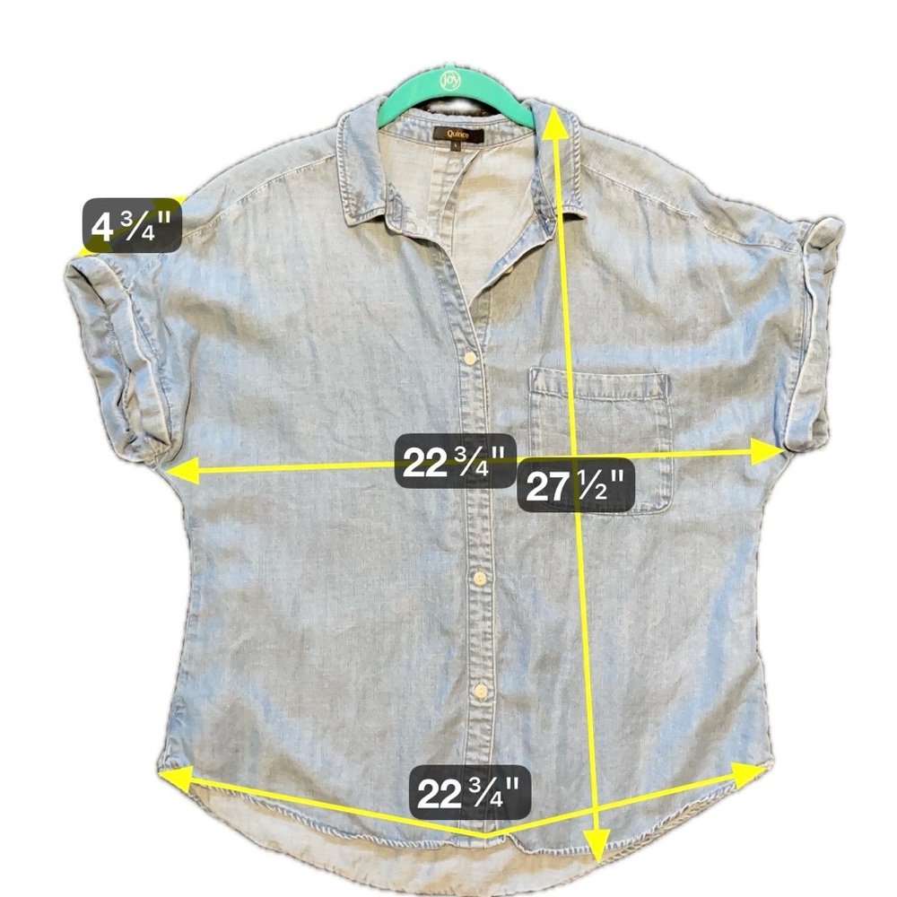 Quince Blue Button Up Shirt Short Sleeve Pocket Minimalist Chambray Top Medium - Picture 6 of 9